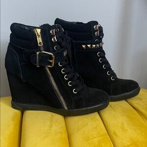 Steve Madden Black Wedge Sneakers with Gold Accents